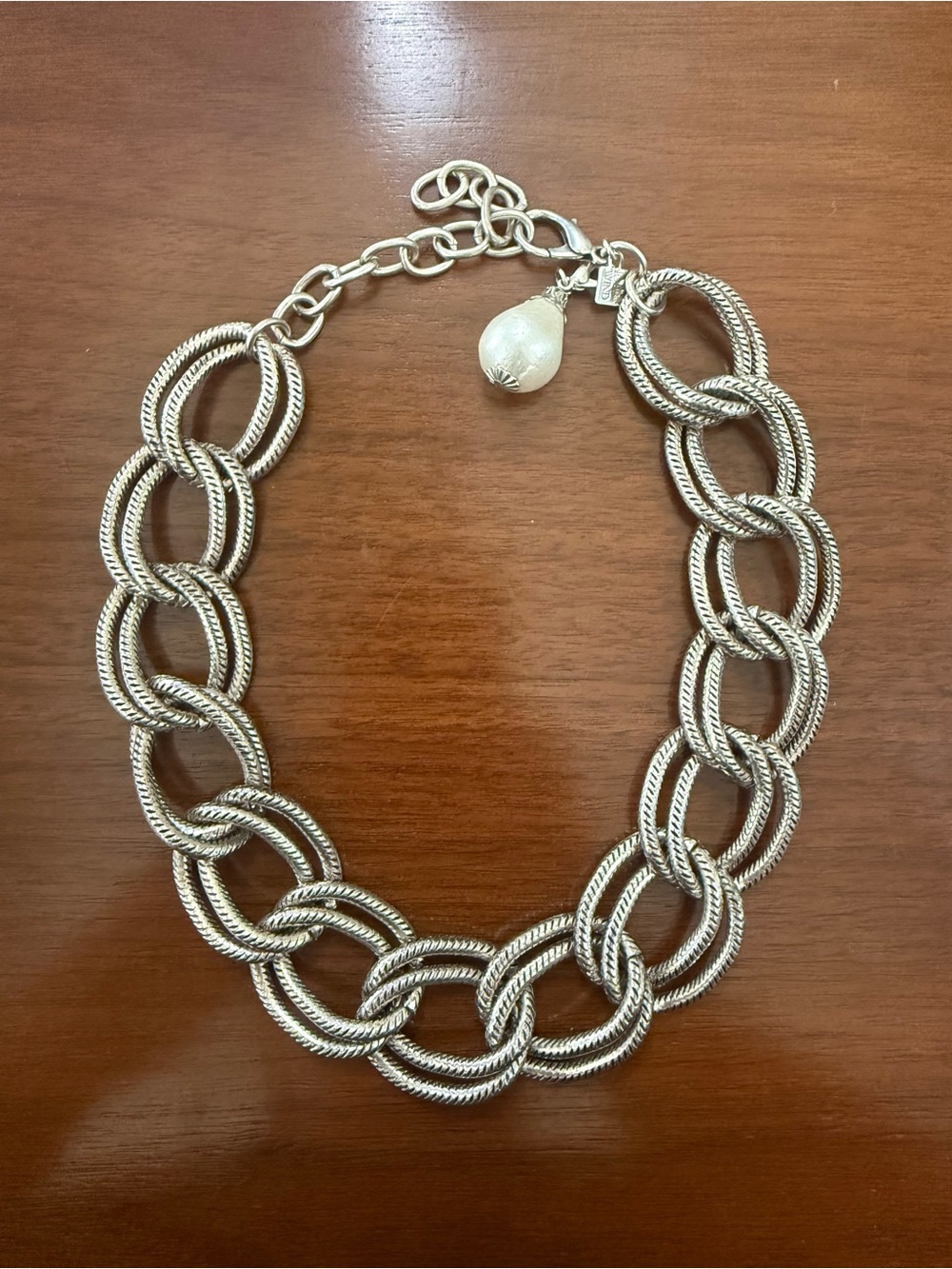 John Wind Retired Silver-Tone Double Hollow Link Necklace w/ Cotton Pearl Charm